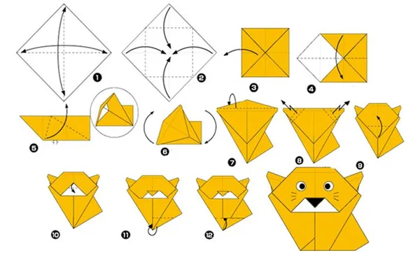 Пошаговая инструкция по сборке модели оригами-кошки с подставкой