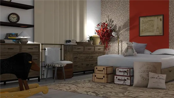 Спальня с небольшой кроватью и сундуками для вещей. Стены оклеены обоями с бежевым орнаментом, оранжевым акцентом, а на окнах висят плотные шторы молочного цвета
