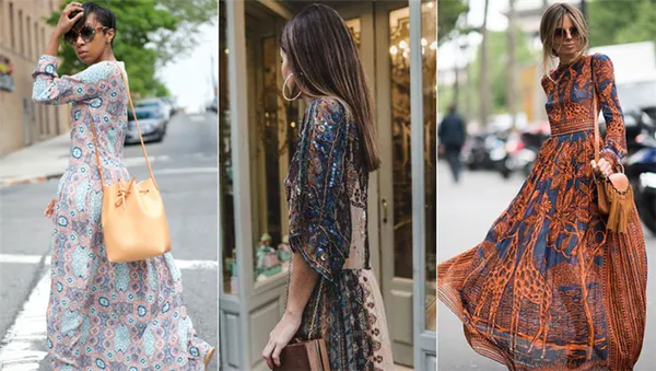 Воздушные платья с оригинальным принтом и элегантные сумочки — городской вариант стиля бохо. К ним наденьте ботинки с бахромой, как показано на нижнем фото.